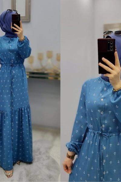 Çapa Desen Yazlık Elbise  Mavi