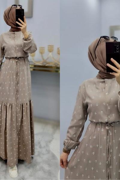 Çapa Desen Yazlık Elbise  Vizon