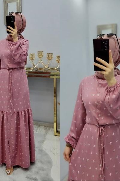 Çapa Desen Yazlık Elbise  Pembe