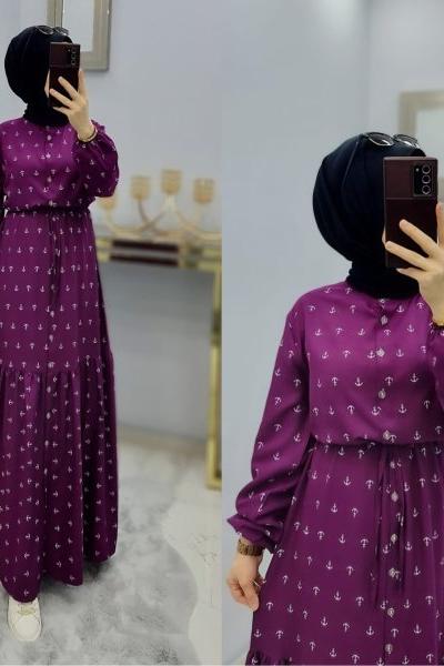 Çapa Desen Yazlık Elbise  Mürdüm