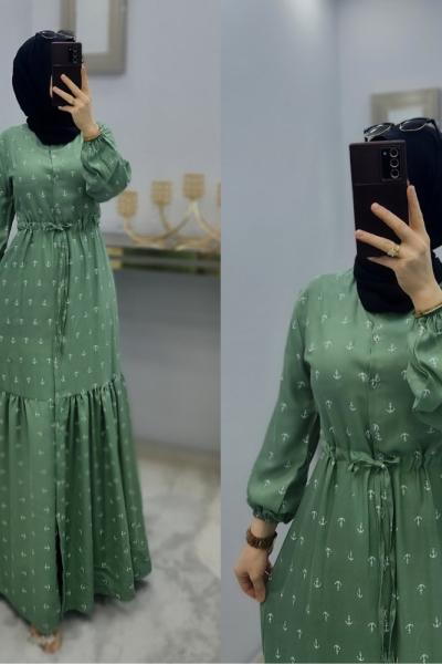Çapa Desen Yazlık Elbise  Küf Yeşili
