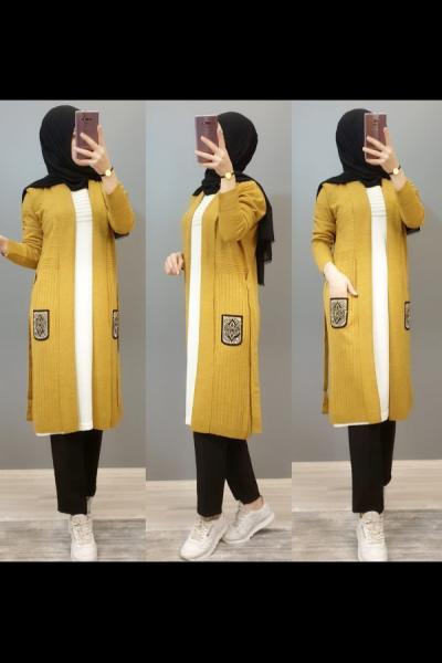 Çebi Desenli Hırkam Hardal Sarısı