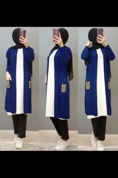 Cebi Desenli Hırkam Saks Mavisi