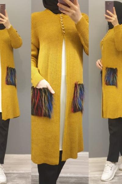 Cep Detaylı Hırkam Sarı