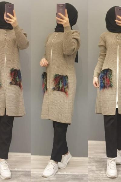 Cep Detaylı Hırkam  Taş Rengi