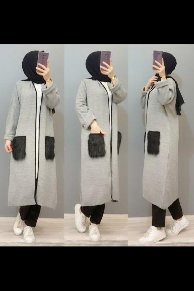 Cepleri Kürklü Hırkam Gri