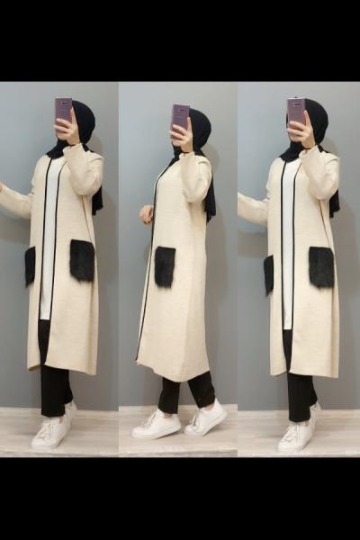 Cepleri Kürklü Hırkam  Krem