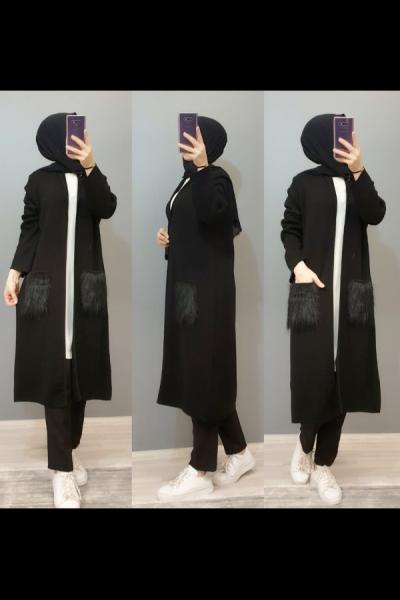 Cepleri Kürklü Hırkam  Siyah