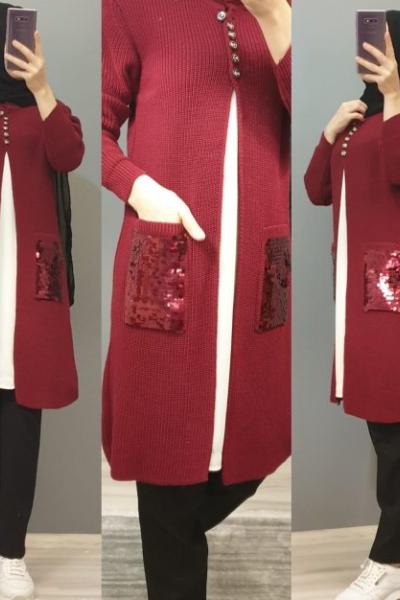 Cepleri Pullu Hırkam  Bordo