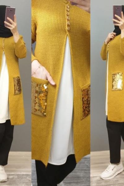 Cepleri Pullu Hırkam  Hardal Sarısı