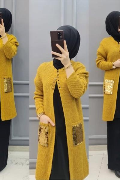 Cepleri Pullu Hırkam Sarı