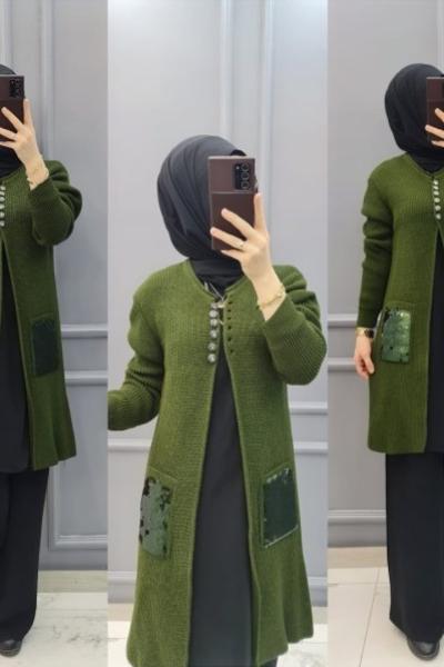 Cepleri Pullu Hırkam Haki