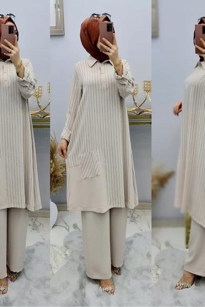 Cepli Ve Çizgili Ayrobin Takımım Krem