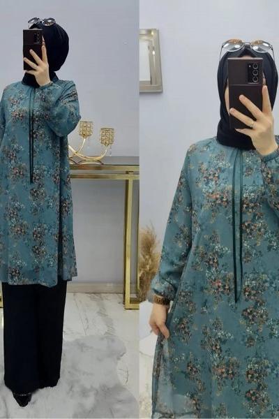 Çiçek Desenlı Astarlı Şifon Tuniğim Mint Yeşili