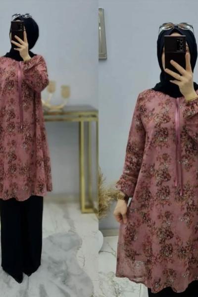 Çiçek Desenlı Astarlı Şifon Tuniğim Gül