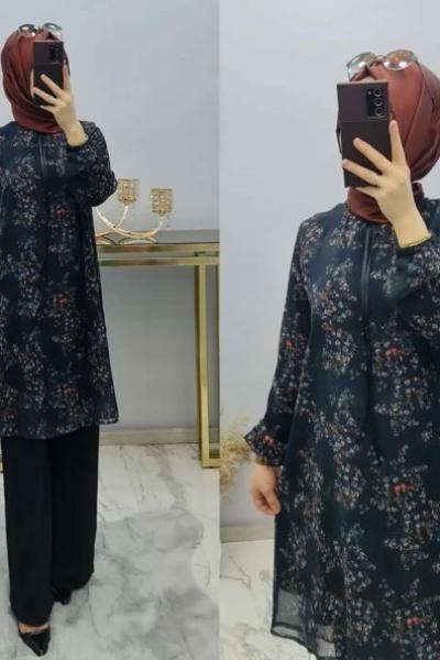 Çiçek Desenlı Astarlı Şifon Tuniğim Siyah