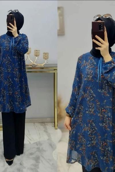 Çiçek Desenlı Astarlı Şifon Tuniğim Mavi