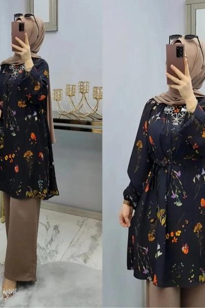 Çiçek Desenli Krep Kumaş Takımım Siyah