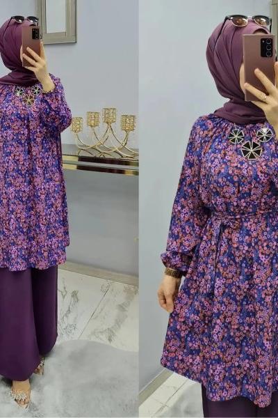 Çiçek Desenli Krep Kumaş Takımım Mor