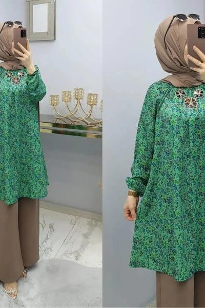 Çiçek Desenli Krep Kumaş Takımım Yeşil