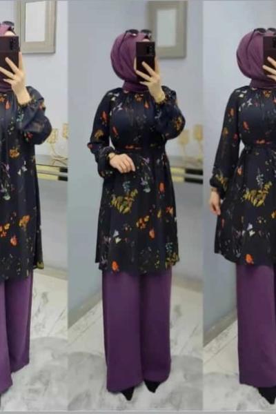 Çiçek Desenli Krep Kumaş Takımım Siyah Mor