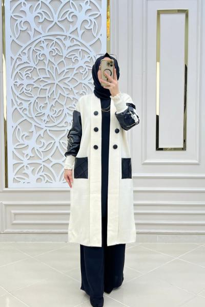 Çiçek Deri Triko Hırka Ekru