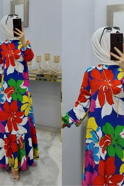 Çiçek Yazlık Elbise Mavi turuncu