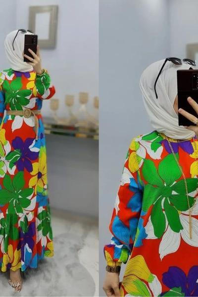 Çiçek Yazlık Elbise  Turuncu yeşil