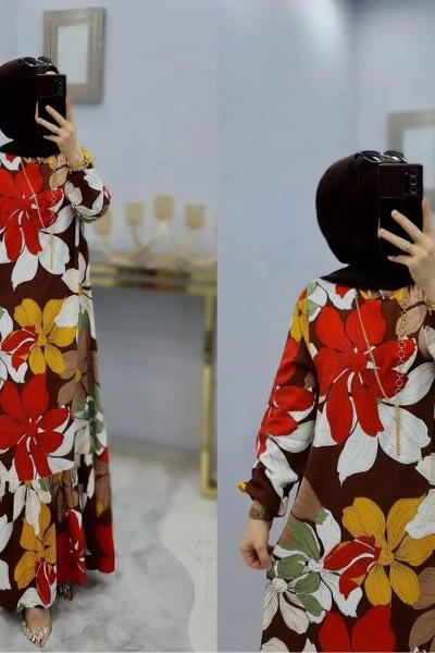 Çiçek Yazlık Elbise Kahverengi turuncu