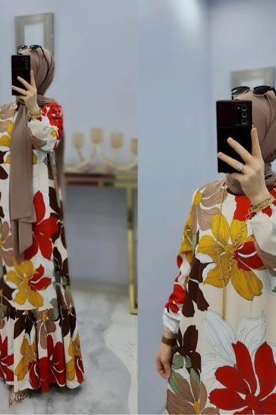 Çiçek Yazlık Elbise  Beyaz turuncu