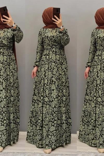 Çiçekli Viskon Elbisem Yeşil