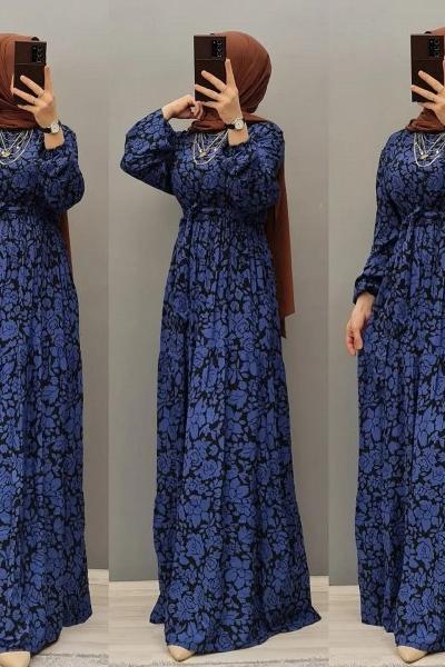 Çiçekli Viskon Elbisem Saks Mavisi