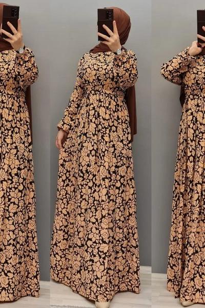 Çiçekli Viskon Elbisem Camel