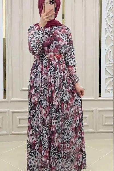 Çiçekli Zebra Elbise Bordo