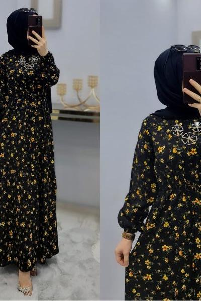 Çıtır Desen Büyük Beden Elbise  Siyah Sari