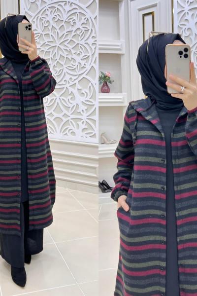 Çizgili Tesettür Kap Kırmızı