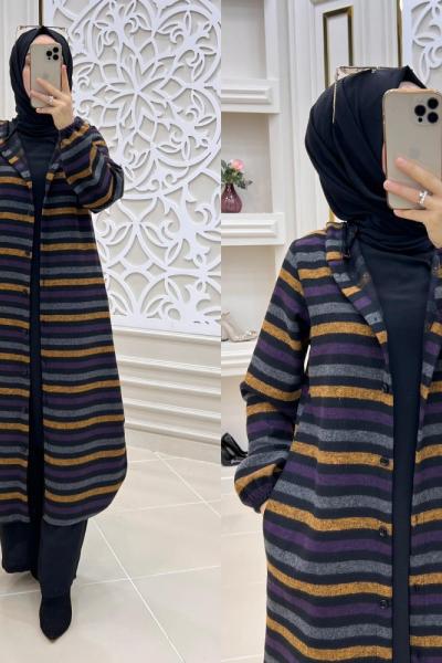 Çizgili Tesettür Kap Mor