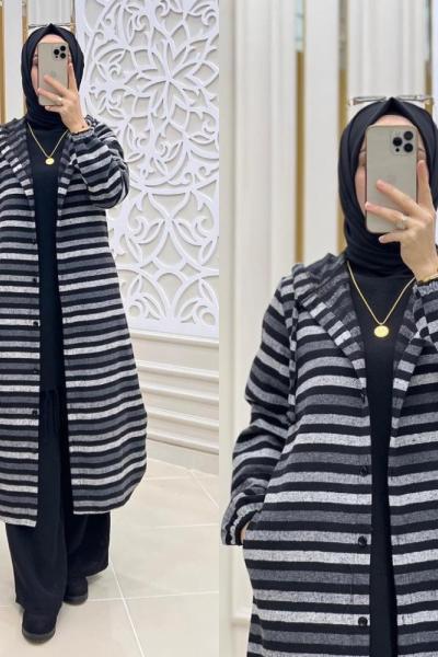 Çizgili Tesettür Kap Gri Siyah