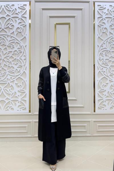 Deri Triko Hırka Siyah