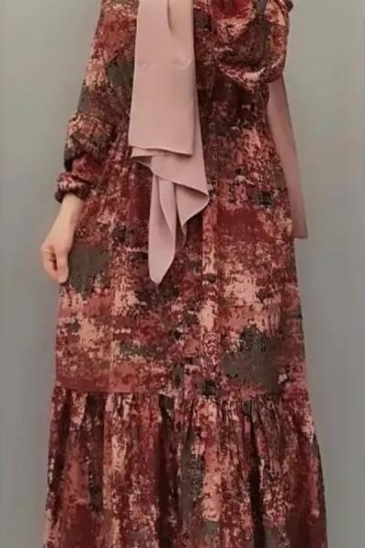 Düğmeli Viskon Elbisem Pudra