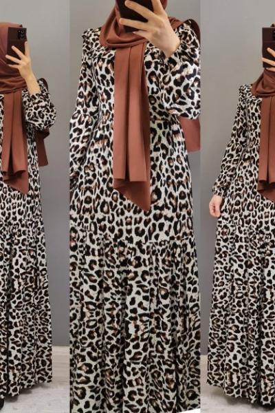 EFSANE Yakası fırfır detaylı  LEOPAR ELBISE Siyah Beyaz