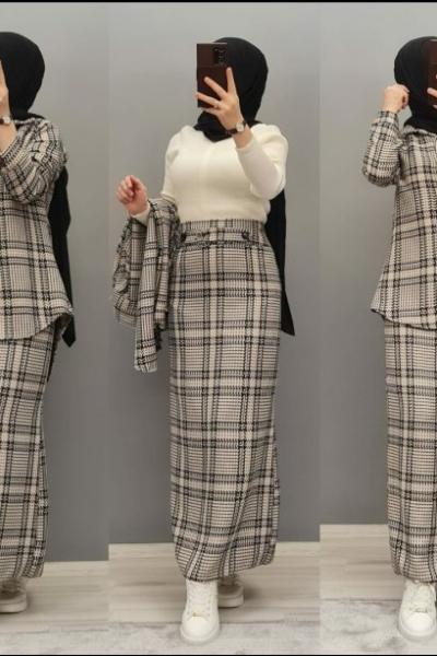 Ekose Etekli Takımım Krem