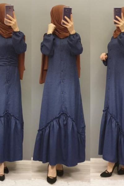 Etek Ucu Fırfırlı Elbisem Lacivert
