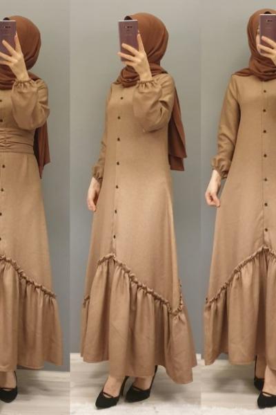 Etek Ucu Fırfırlı Elbisem Taba