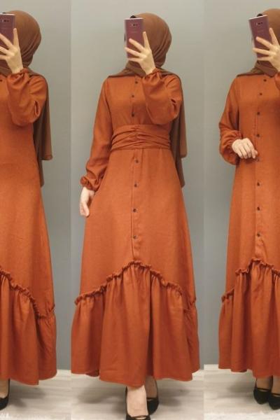 Etek Ucu Fırfırlı Elbisem Kiremit