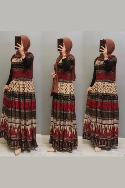 Etnik Desen Elbisem Kırmızı Haki
