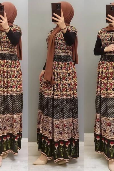 Etnik Desen Elbisem Siyah Bordo