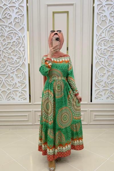 Etnik Desen Elbise  Yeşil