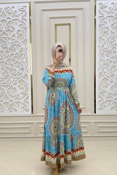 Etnik Desen Elbise  Mavi