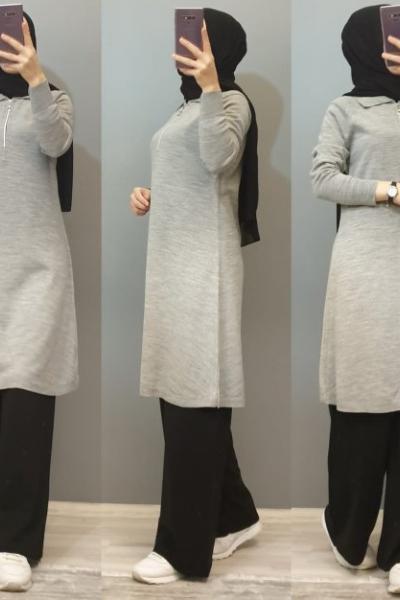 Fermuarlı Tuniğim Açık Gri